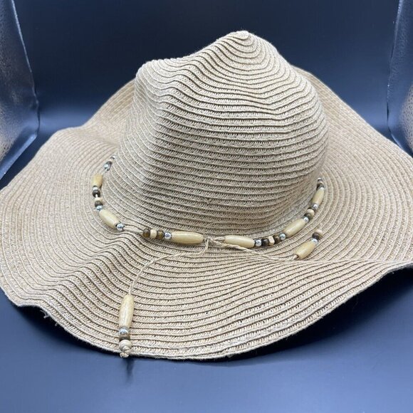 J Hats Straw Sun Floppy Packable Beige Natural Beaded Clean Beach Travel Vacay - Picture 3 of 5